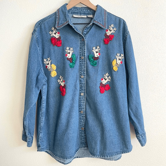 Dress Barn Blue Denim Reindeer Holiday Christmas Button Front Shirt Women's 1X - Picture 1 of 8